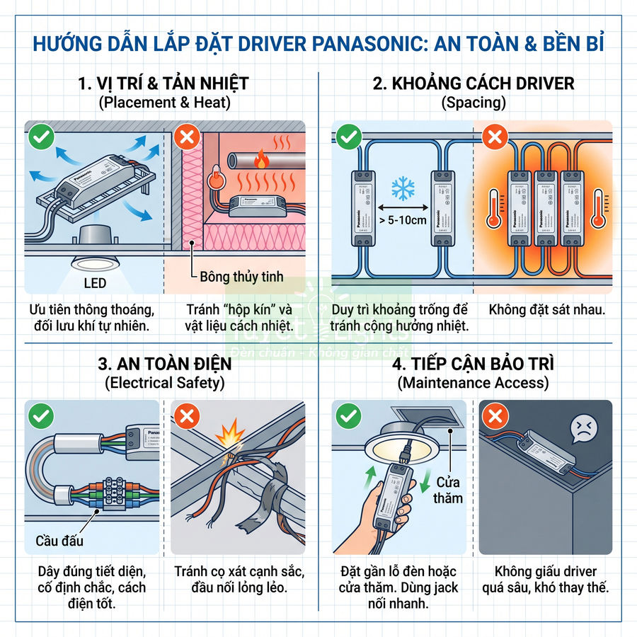 Hướng dẫn lắp đặt driver đèn LED Panasonic an toàn bền bỉ với vị trí, khoảng cách và đấu nối đúng cách