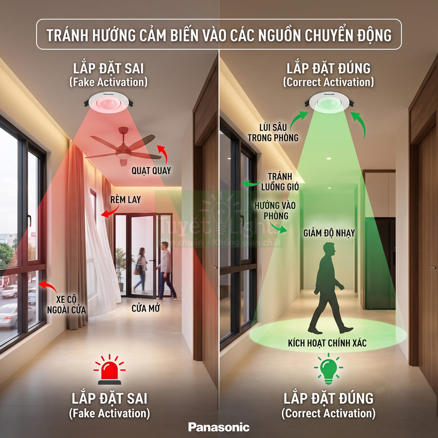 Hướng dẫn lắp đặt đúng cảm biến chuyển động đèn trần Panasonic trong hành lang để kích hoạt chính xác