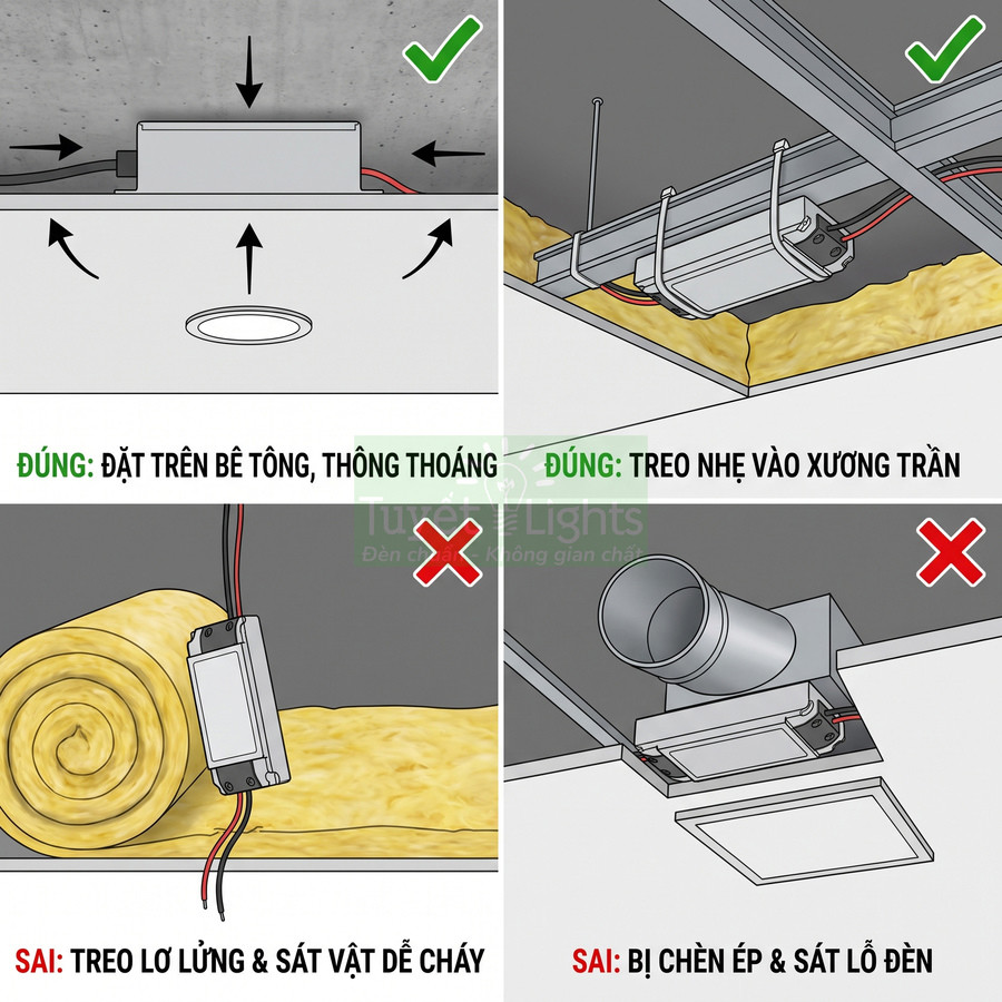 Hướng dẫn lắp đặt driver đèn âm trần đúng cách, tránh treo lơ lửng hoặc đặt sát vật dễ cháy