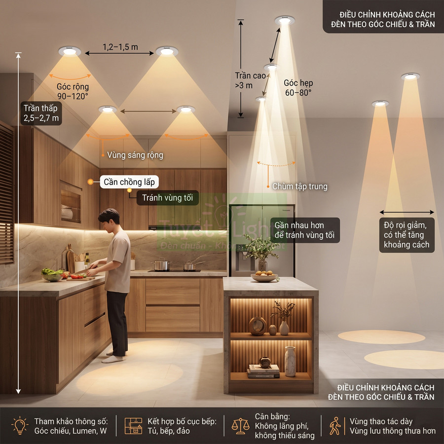 Bố trí đèn âm trần chiếu sáng bếp và đảo bếp hiện đại, tối ưu góc chiếu tránh vùng tối