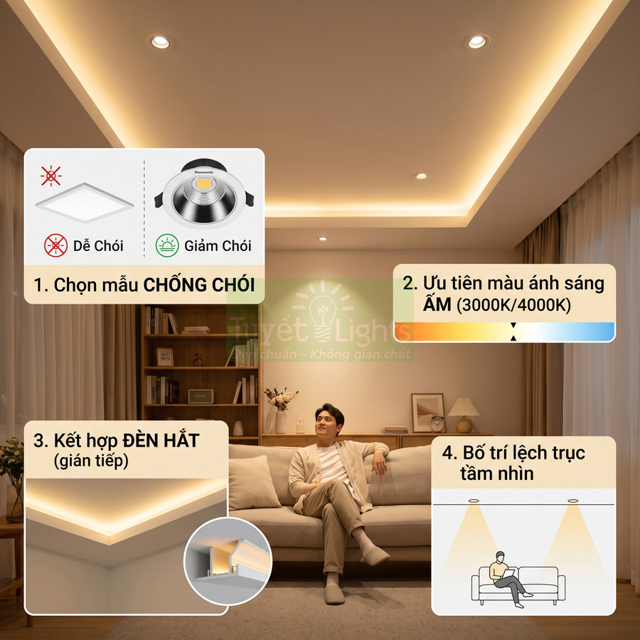 Phòng khách với đèn âm trần chống chói Panasonic, đèn hắt trần ánh sáng vàng ấm, bố trí lệch trục tạo không gian thư giãn