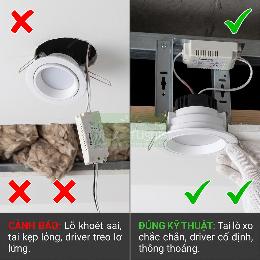Đèn downlight Panasonic âm trần kèm driver, so sánh lắp đặt sai và đúng kỹ thuật trên trần nhà