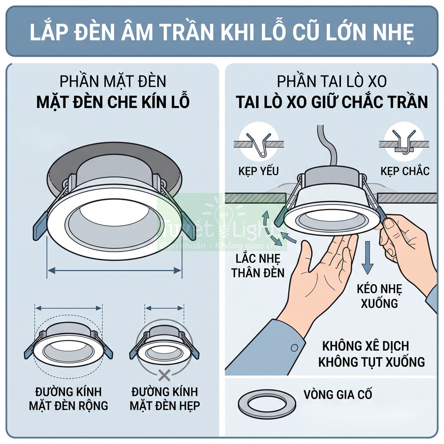 Hướng dẫn lắp đặt đèn led âm trần lỗ cũ lớn nhẹ với tai lò xo và vòng gia cố giữ chắc trần