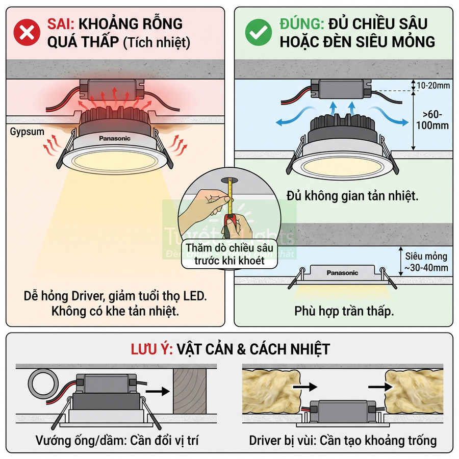 Hướng dẫn lắp đặt đèn LED âm trần Panasonic đúng khoảng cách trần để tản nhiệt an toàn