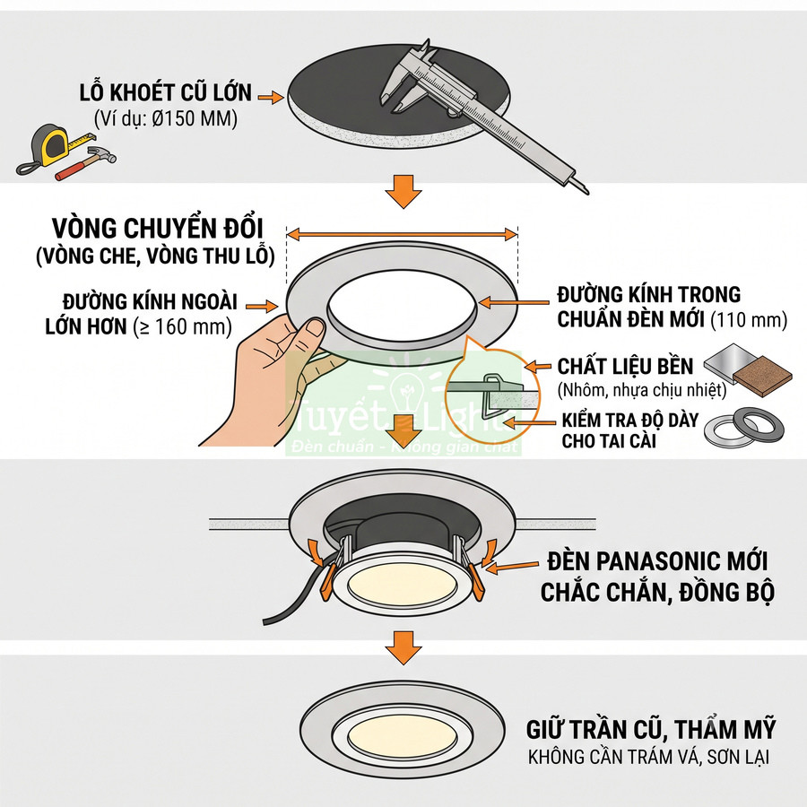 Hướng dẫn lắp vòng chuyển đổi cho đèn âm trần Panasonic mới vào lỗ khoét trần cũ