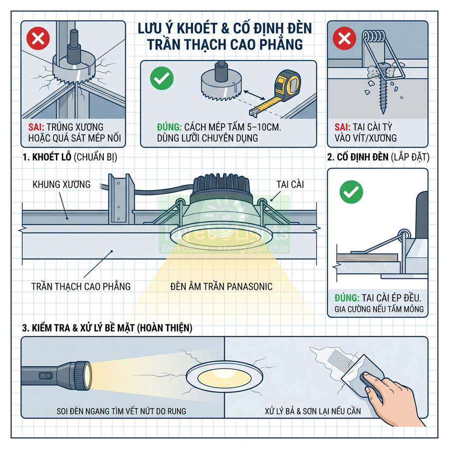 Hướng dẫn khoét lỗ và lắp đặt đèn âm trần Panasonic trên trần thạch cao phẳng