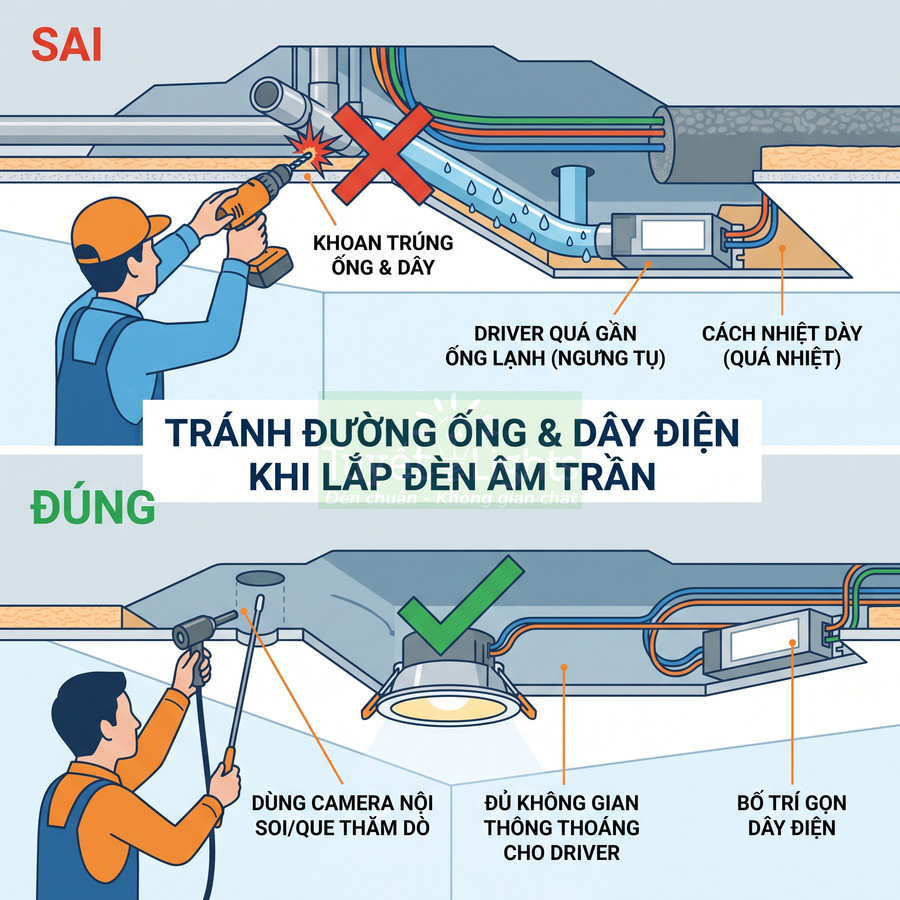 Hướng dẫn lắp đặt đèn âm trần an toàn, tránh khoan trúng đường ống và dây điện trong trần nhà