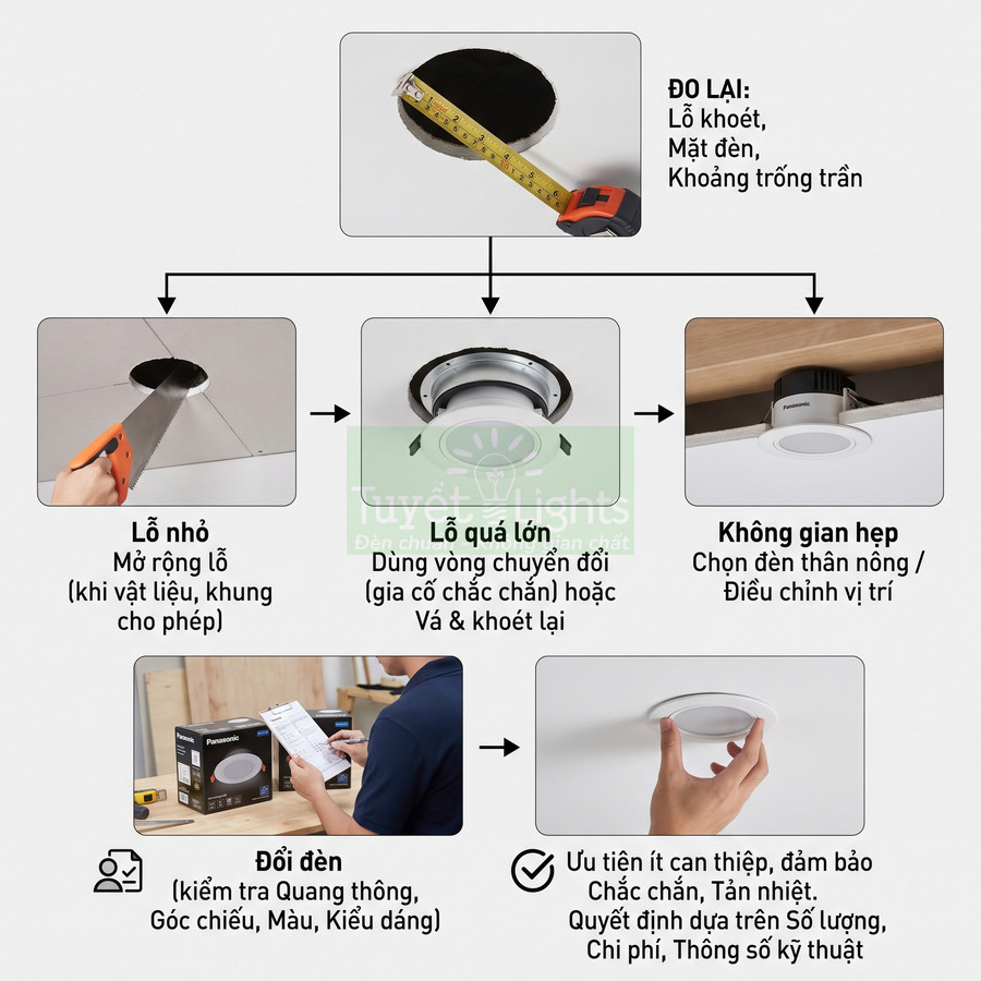 Đèn LED âm trần Panasonic và hướng dẫn đo lỗ khoét, điều chỉnh vị trí, thay đèn trần