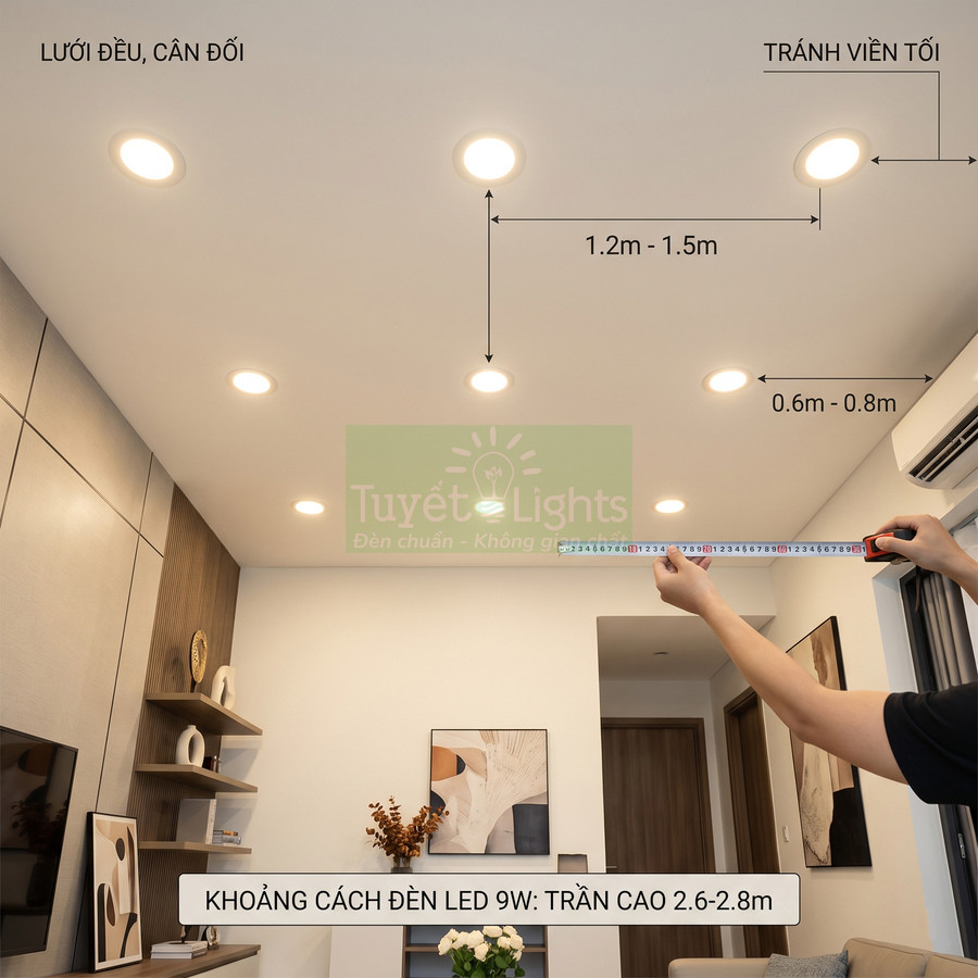 Lắp đặt đèn led âm trần Tuyết Lights 9W trong phòng khách, đo khoảng cách bố trí ánh sáng đều