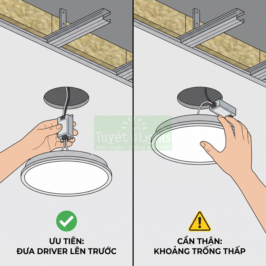 Hướng dẫn lắp đặt đèn LED âm trần Tuyết Lights với driver đặt phía trước trần thạch cao