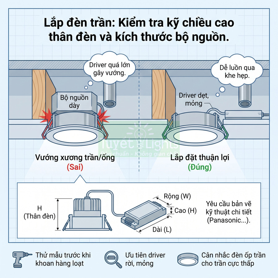 Hướng dẫn lắp đặt đèn led âm trần với driver mỏng tránh vướng xương trần và ống kỹ thuật