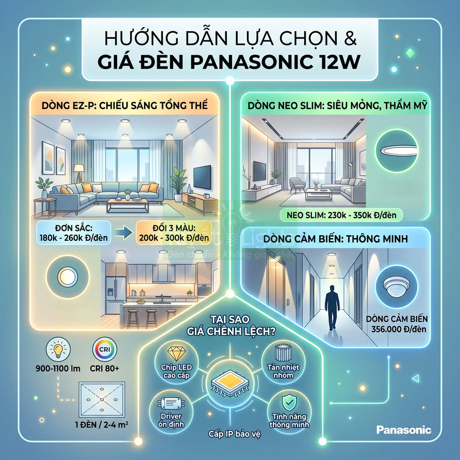 Hướng dẫn lựa chọn và bảng giá các dòng đèn LED Panasonic 12W cho phòng khách, bếp và hành lang