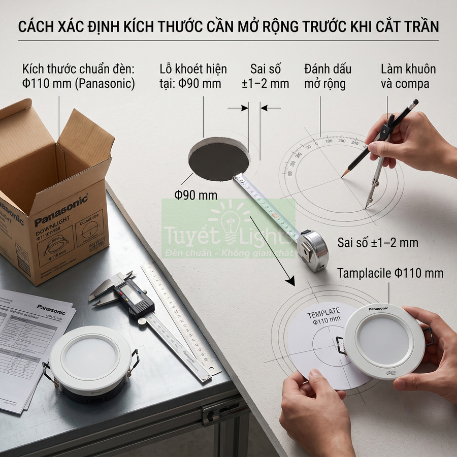 Hướng dẫn đo và khoét lỗ lắp đèn downlight Panasonic 110mm trên trần thạch cao