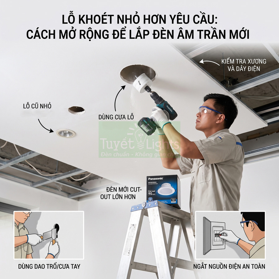Thợ điện dùng máy khoan mở rộng lỗ trần thạch cao để lắp đèn âm trần Panasonic mới