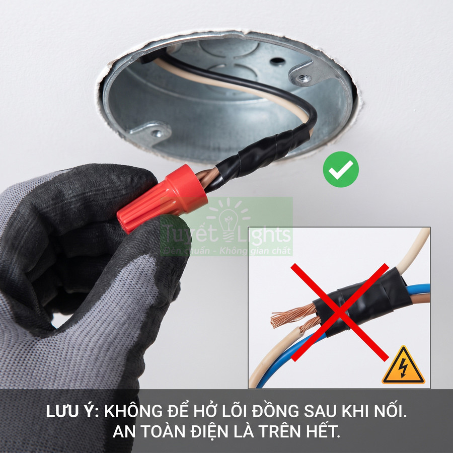 Thợ điện dùng đầu nối dây và băng keo cách điện che kín lõi đồng đảm bảo an toàn điện