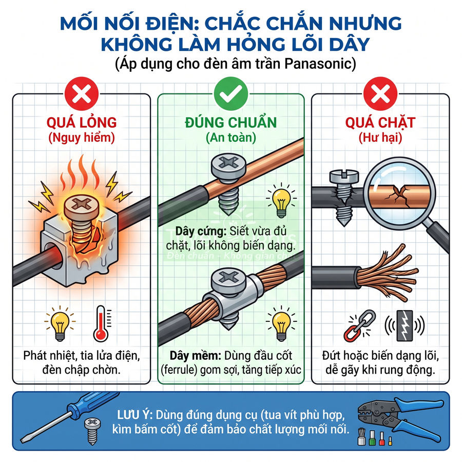 Hướng dẫn siết ốc nối dây điện Panasonic đúng chuẩn, so sánh siết quá lỏng, đúng lực và quá chặt