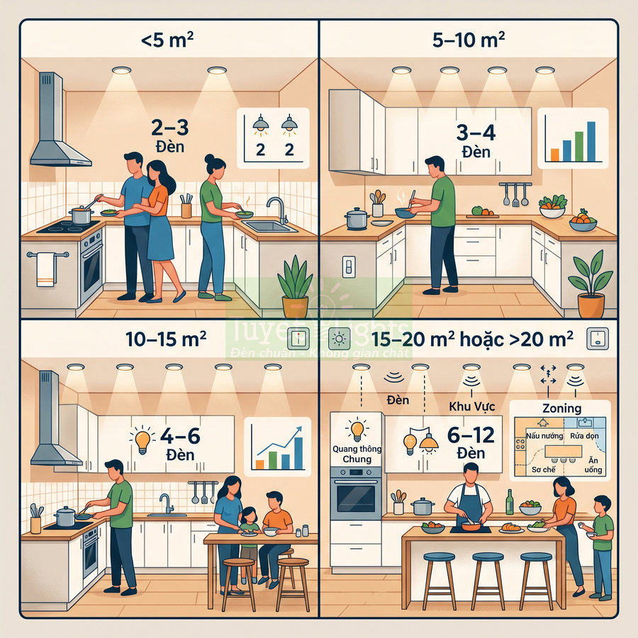 Minh họa số lượng đèn chiếu sáng trần phù hợp cho các kích thước phòng bếp khác nhau