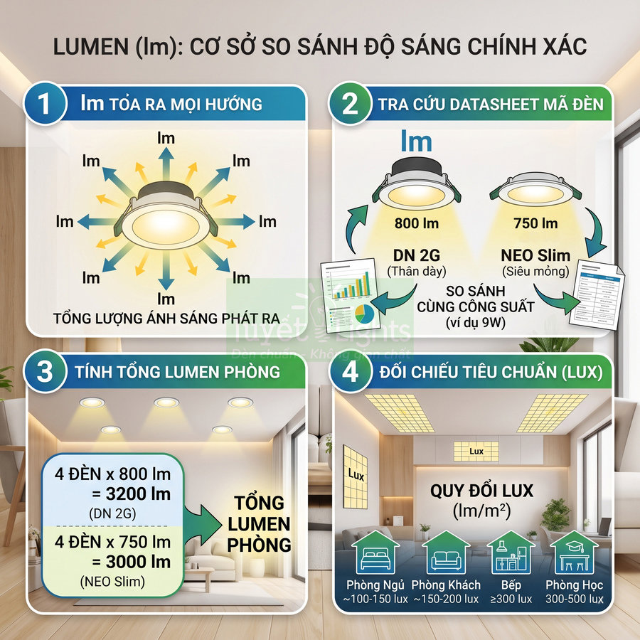 Hướng dẫn so sánh độ sáng đèn LED âm trần theo chỉ số lumen và lux cho từng không gian phòng