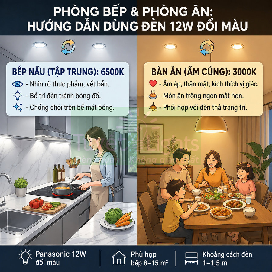 Hướng dẫn dùng đèn LED Panasonic 12W đổi màu cho bếp nấu 6500K và bàn ăn 3000K trong gia đình