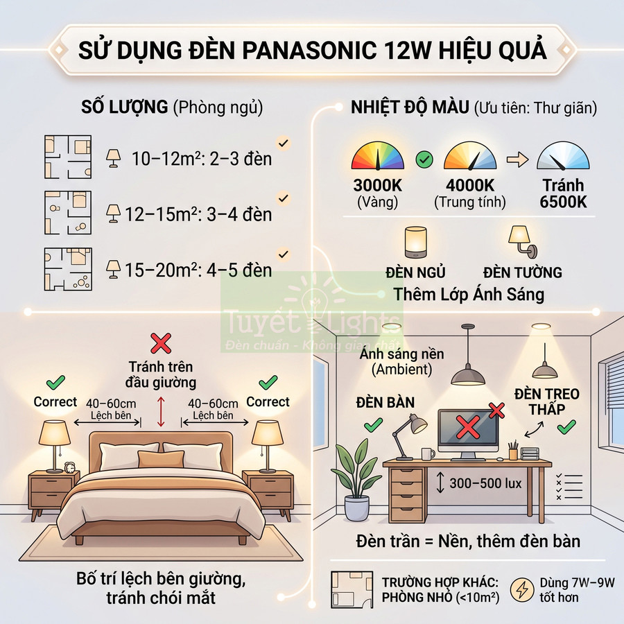 Hướng dẫn bố trí và chọn số lượng đèn Panasonic 12W cho phòng ngủ và phòng làm việc