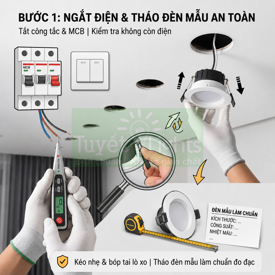 Hướng dẫn ngắt điện và tháo đèn led âm trần mẫu an toàn để đo kích thước lắp đặt