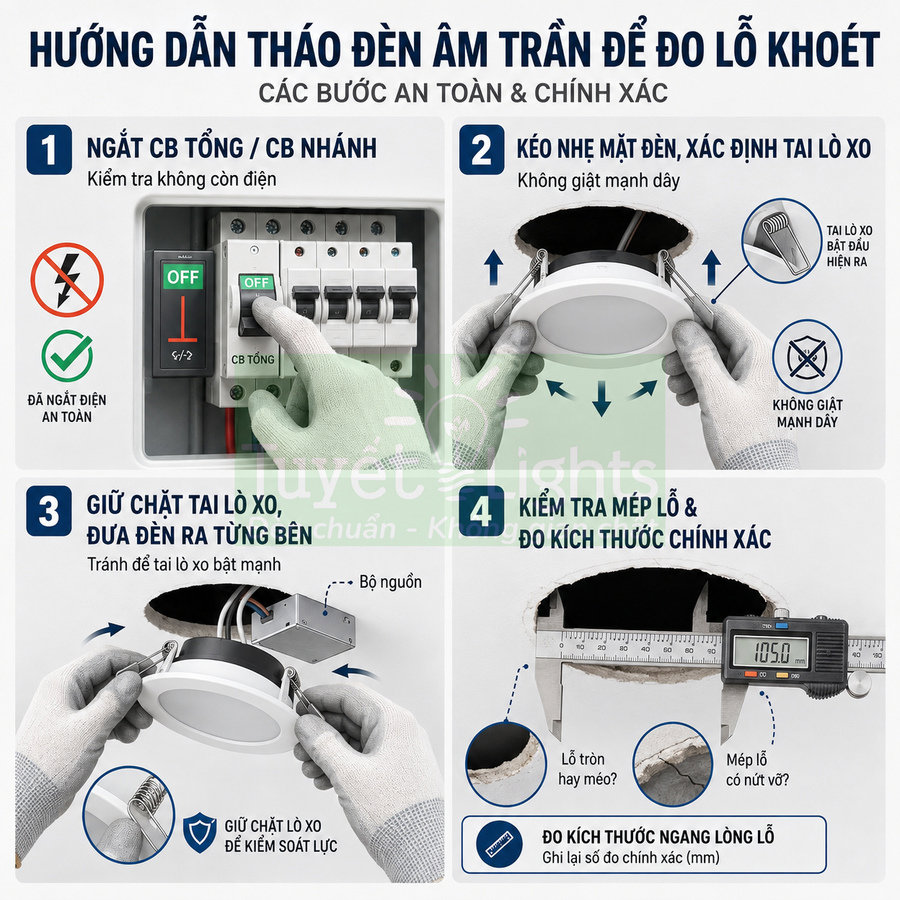 Hướng dẫn tháo đèn âm trần và đo kích thước lỗ khoét trần nhà an toàn chính xác