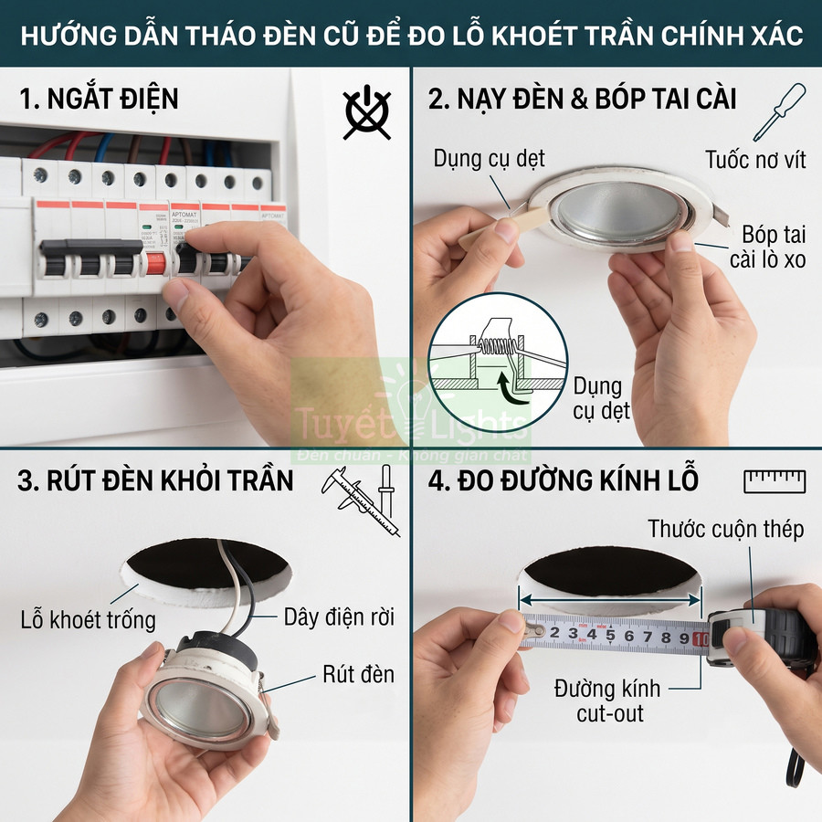 Hướng dẫn tháo đèn âm trần và đo đường kính lỗ khoét trần bằng thước cuộn thép