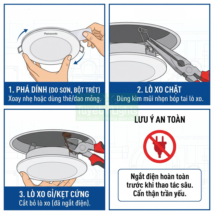 Hướng dẫn tháo đèn led âm trần Panasonic bằng cách xử lý lò xo và lưu ý ngắt điện an toàn