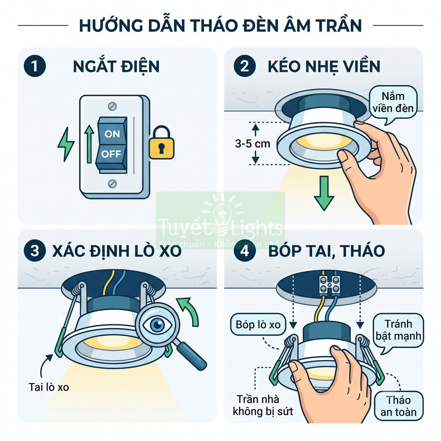 Hướng dẫn từng bước tháo đèn âm trần Tuyết Lights an toàn khỏi trần nhà