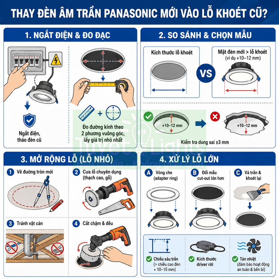 Hướng dẫn thay đèn âm trần Panasonic mới vào lỗ khoét cũ với các bước đo đạc và xử lý lỗ trần