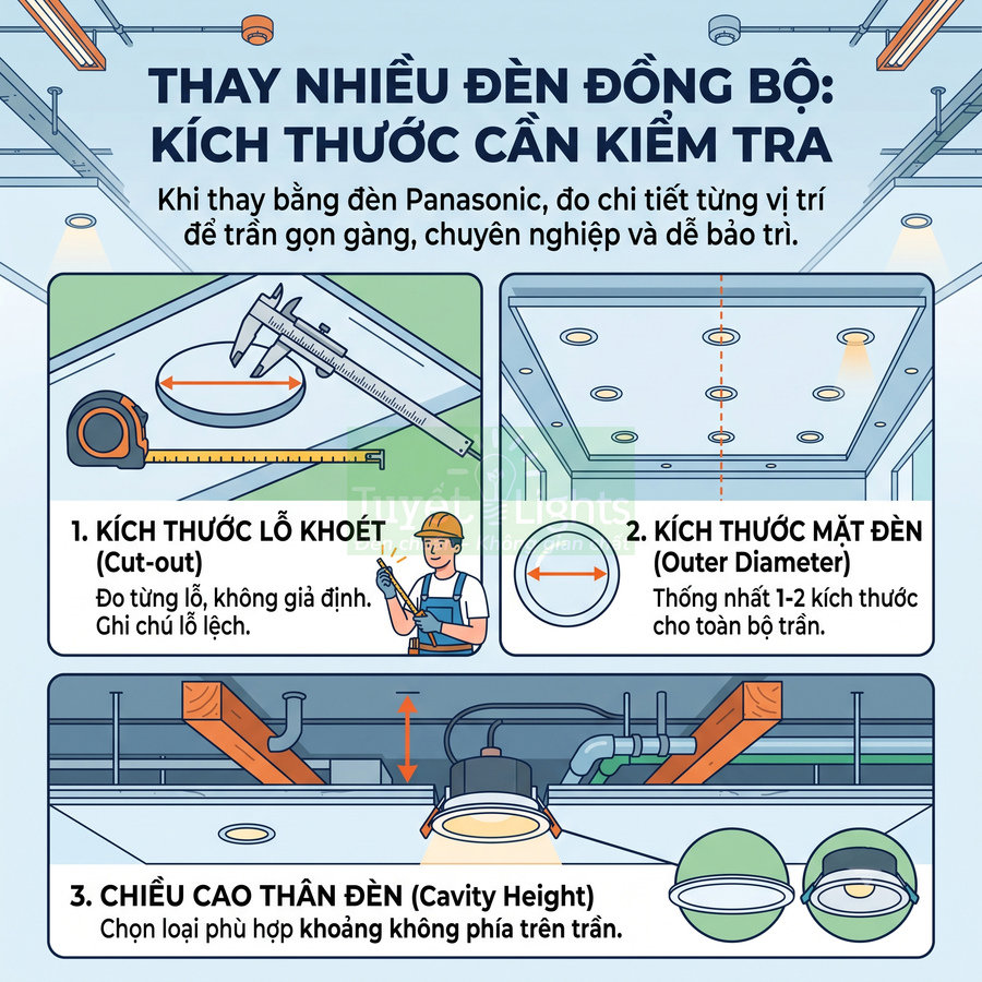 Hướng dẫn đo kích thước lỗ khoét, mặt đèn và chiều cao đèn âm trần Panasonic khi thay nhiều đèn đồng bộ