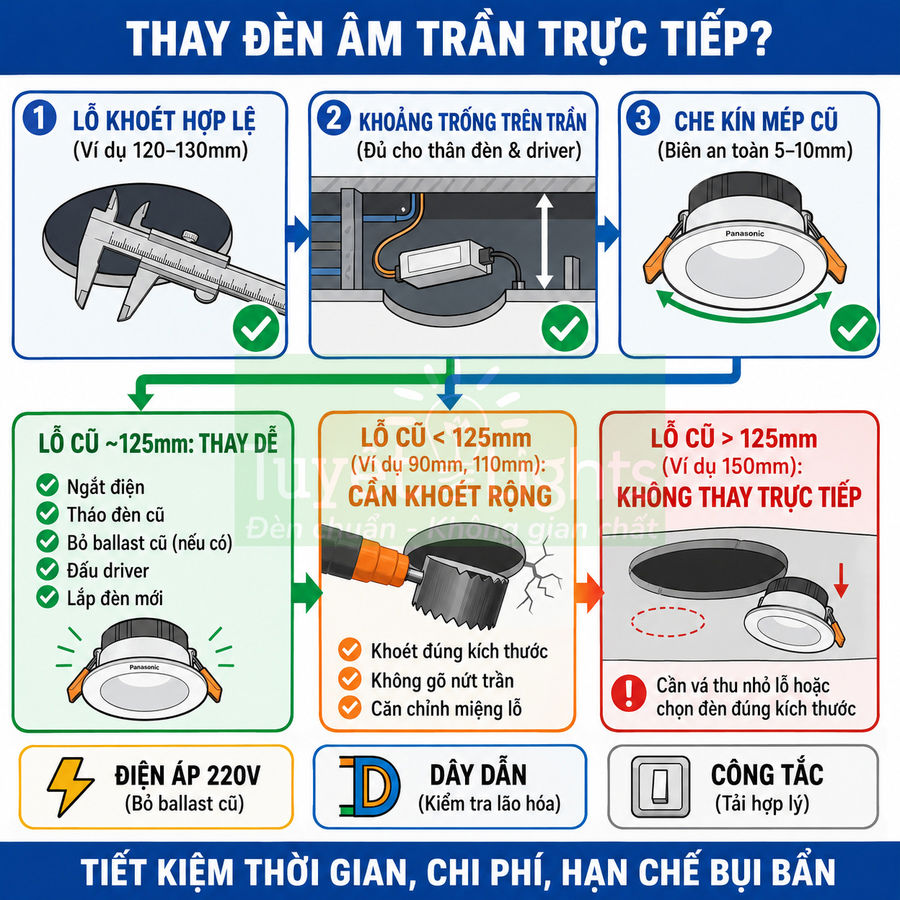 Hướng dẫn thay đèn âm trần Panasonic trực tiếp cho các kích thước lỗ khoét trần khác nhau