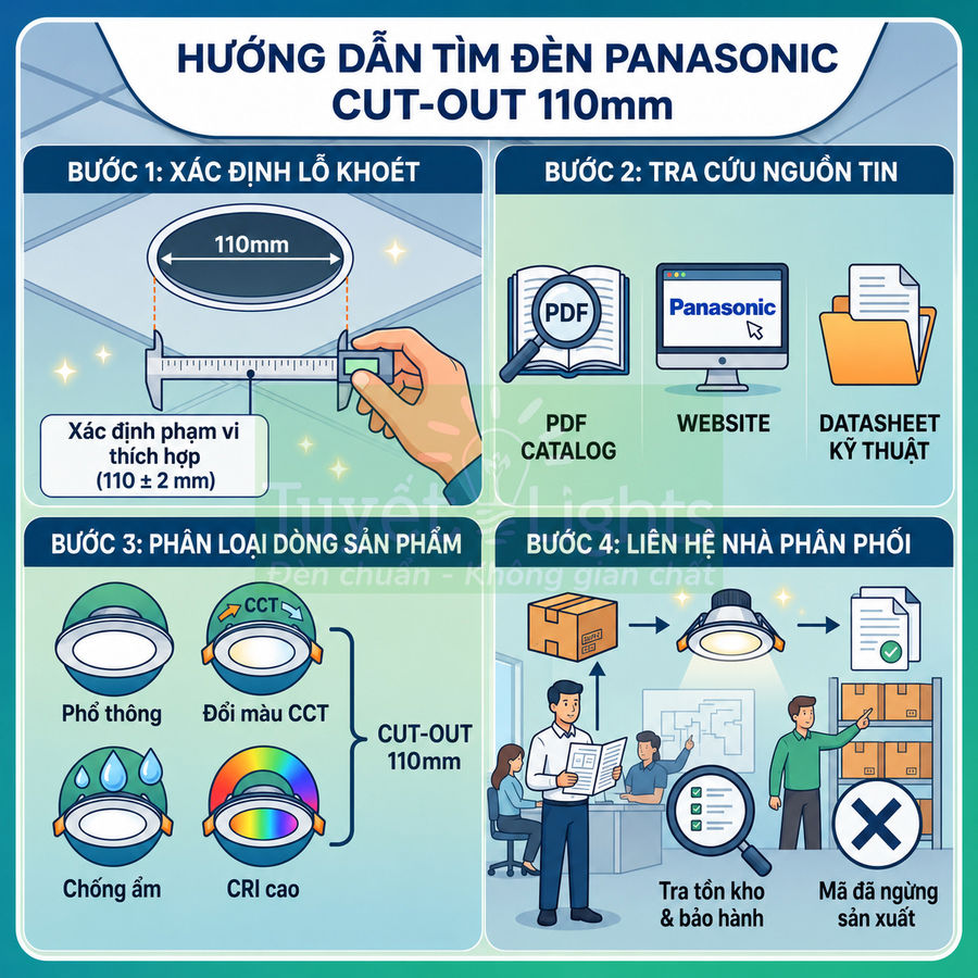 Hướng dẫn chọn đèn âm trần Panasonic cut out 110mm với các bước đo lỗ khoét và phân loại sản phẩm