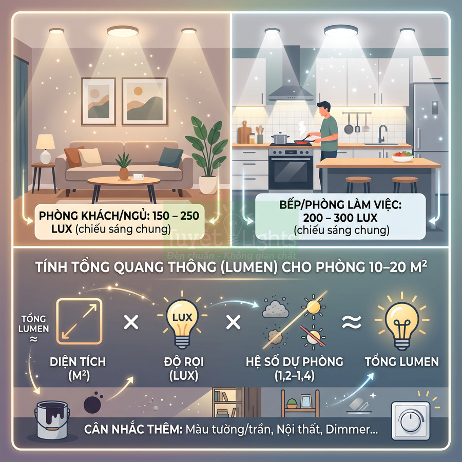 Hướng dẫn chọn độ sáng đèn LED cho phòng khách, phòng ngủ và bếp theo lux và tính tổng lumen phù hợp