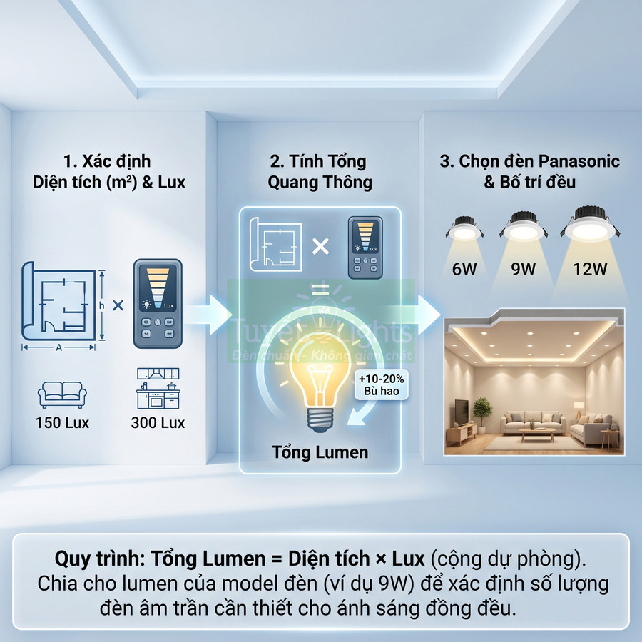 Hướng dẫn tính tổng lumen và chọn số lượng đèn âm trần Panasonic 6W 9W 12W cho phòng khách