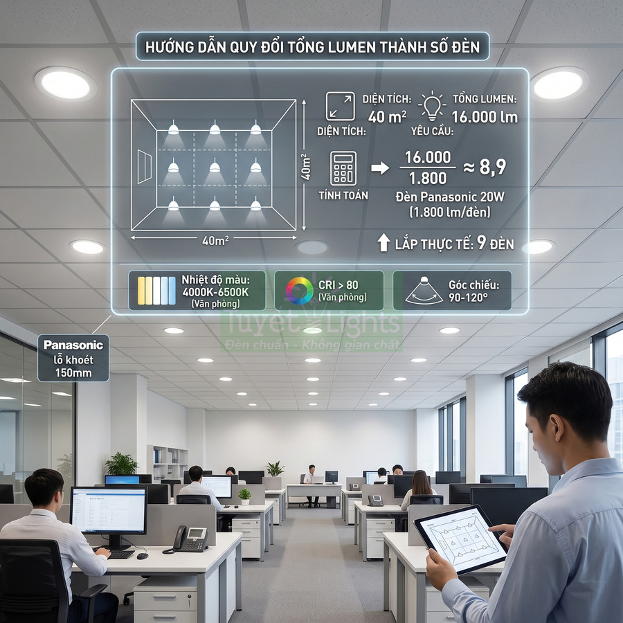Đèn âm trần Panasonic chiếu sáng văn phòng hiện đại với hướng dẫn tính số lượng đèn trên máy tính bảng