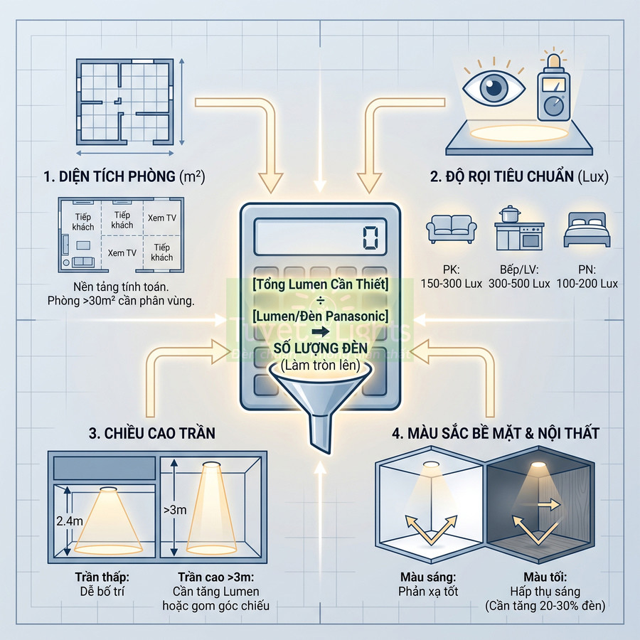Hướng dẫn tính số lượng đèn LED Panasonic theo diện tích phòng, độ rọi, chiều cao trần và màu sắc nội thất
