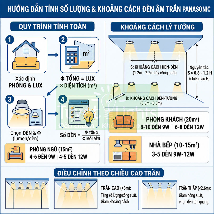 Hướng dẫn tính số lượng và khoảng cách lắp đèn âm trần Panasonic cho phòng ngủ, phòng khách, nhà bếp