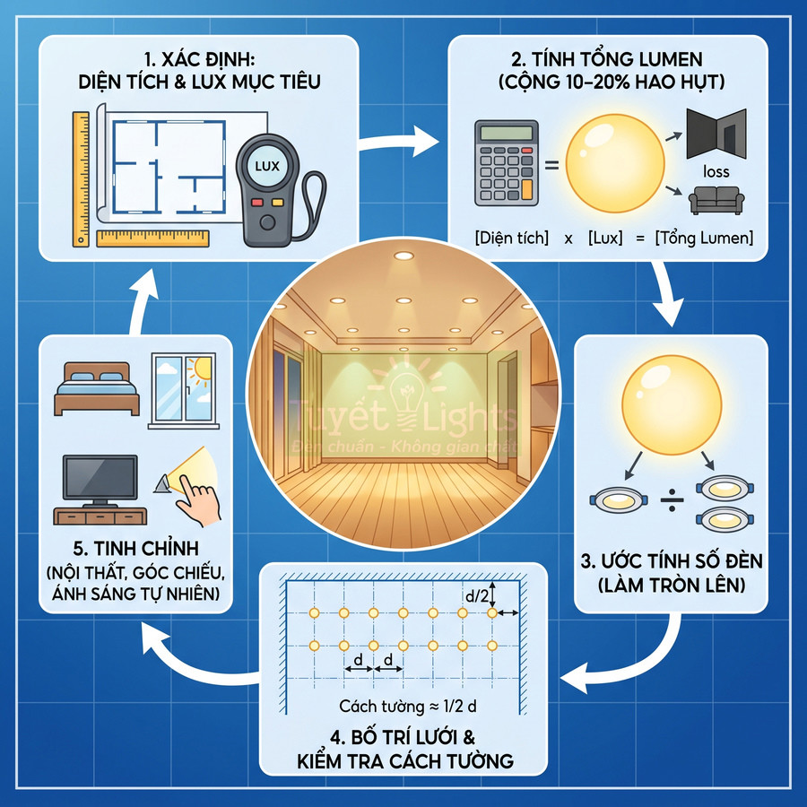 Quy trình tính toán và bố trí đèn LED âm trần cho phòng ngủ, phòng khách tối ưu độ sáng
