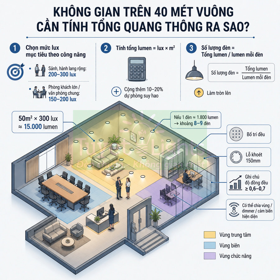 Infographic hướng dẫn tính tổng quang thông và số lượng đèn LED cho không gian văn phòng trên 40m2