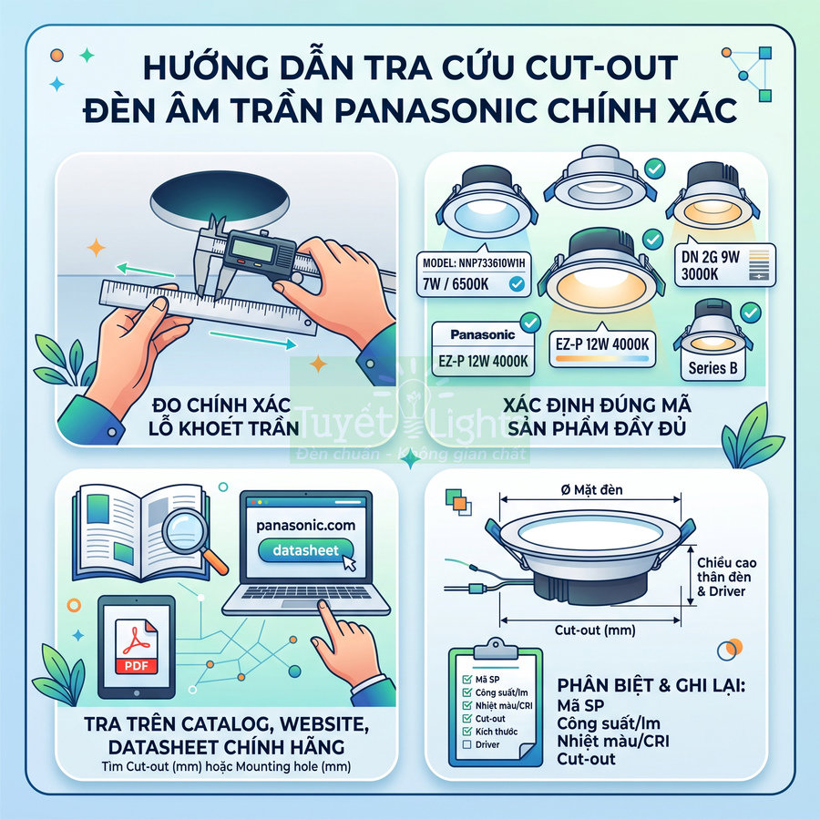 Hướng dẫn tra cứu kích thước cut out đèn âm trần Panasonic chính xác bằng catalog và datasheet