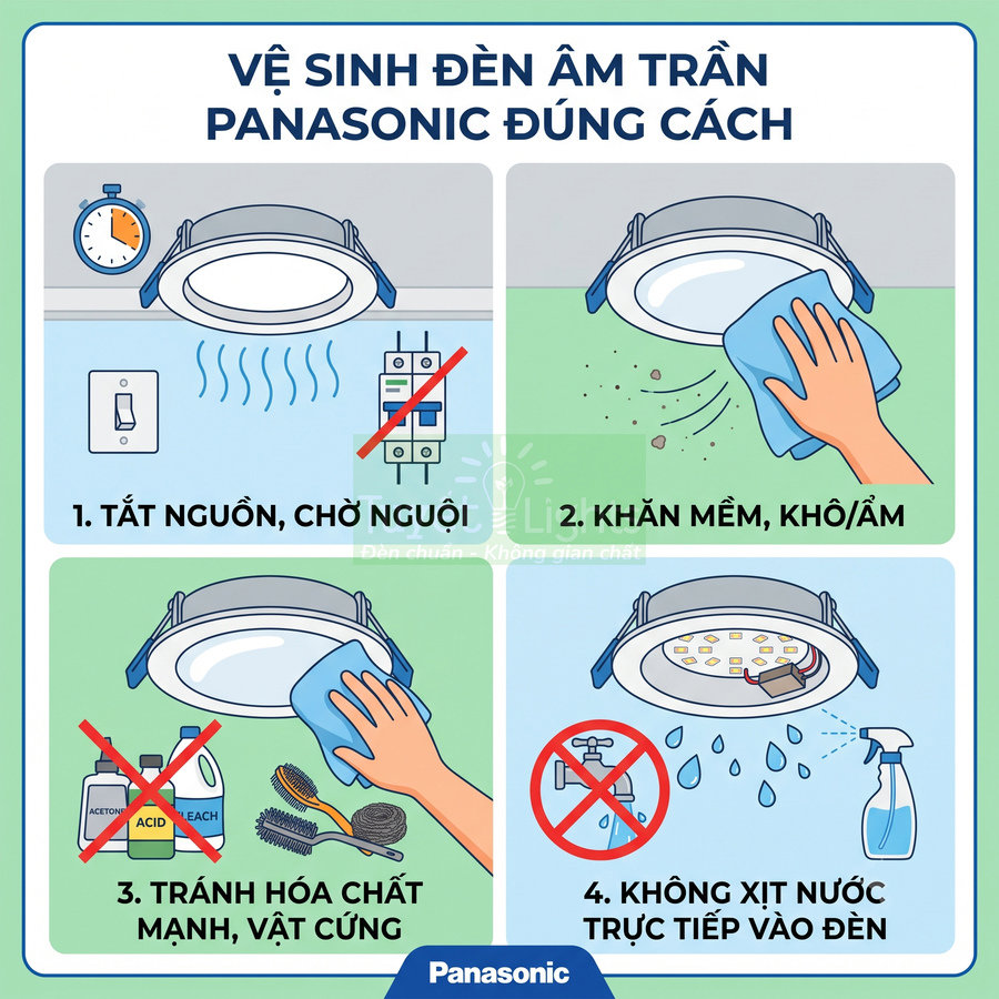 Hướng dẫn vệ sinh đèn âm trần Panasonic đúng cách bằng khăn mềm, tránh hóa chất mạnh và không xịt nước trực tiếp