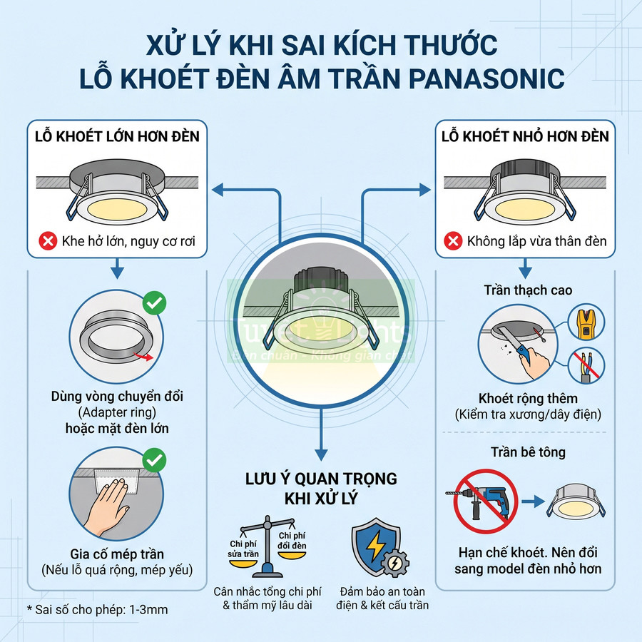 Hướng dẫn xử lý sai kích thước lỗ khoét đèn âm trần Panasonic cho trần thạch cao và trần bê tông