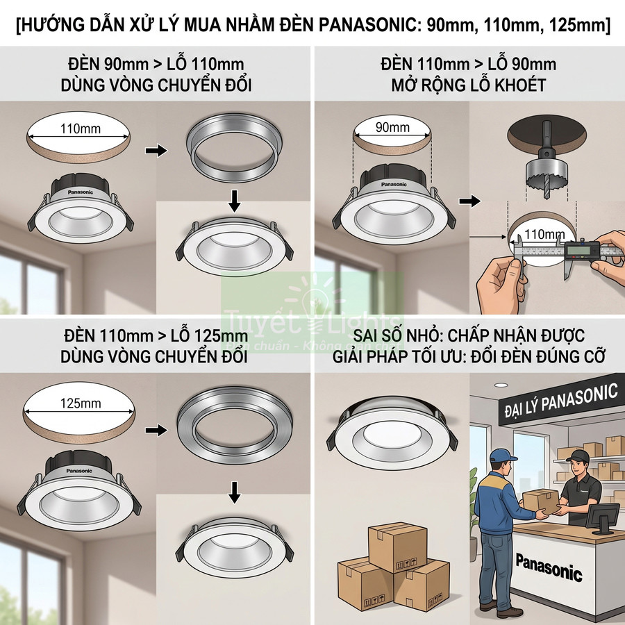 Hướng dẫn xử lý mua nhầm đèn âm trần Panasonic 90mm 110mm 125mm bằng vòng chuyển đổi và đổi đèn đúng cỡ