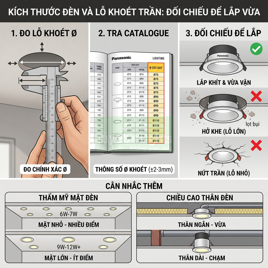 Hướng dẫn đo lỗ khoét trần và chọn kích thước đèn âm trần Panasonic lắp khít, tránh hở khe hoặc nứt trần