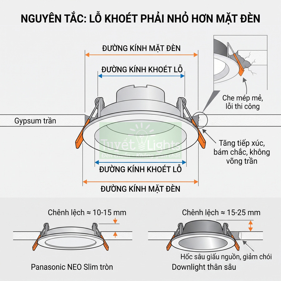 Đèn âm trần Panasonic NEO Slim tròn và downlight thân sâu với hướng dẫn kích thước lỗ khoét nhỏ hơn mặt đèn