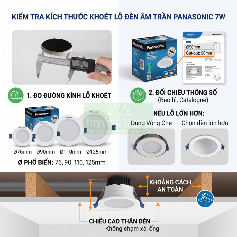 Hướng dẫn đo kích thước lỗ khoét và lắp đặt đèn âm trần Panasonic 7W tròn các đường kính phổ biến