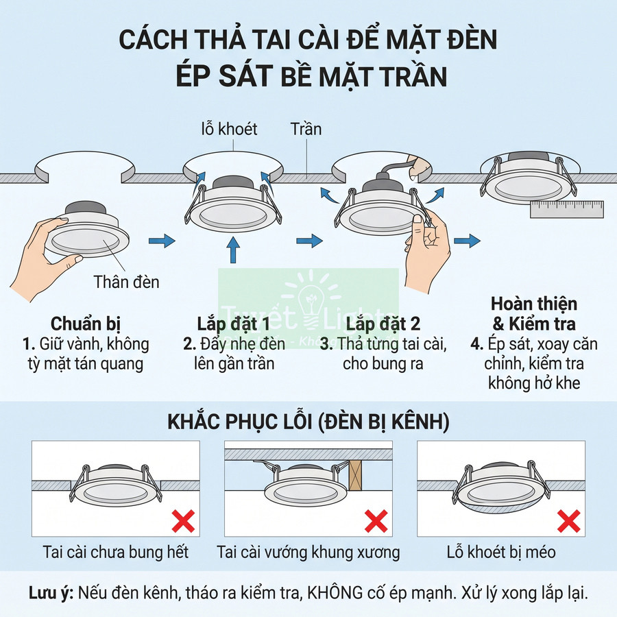 Hướng dẫn lắp đặt đèn led âm trần với tai cài ép sát bề mặt trần và cách khắc phục lỗi lắp đặt