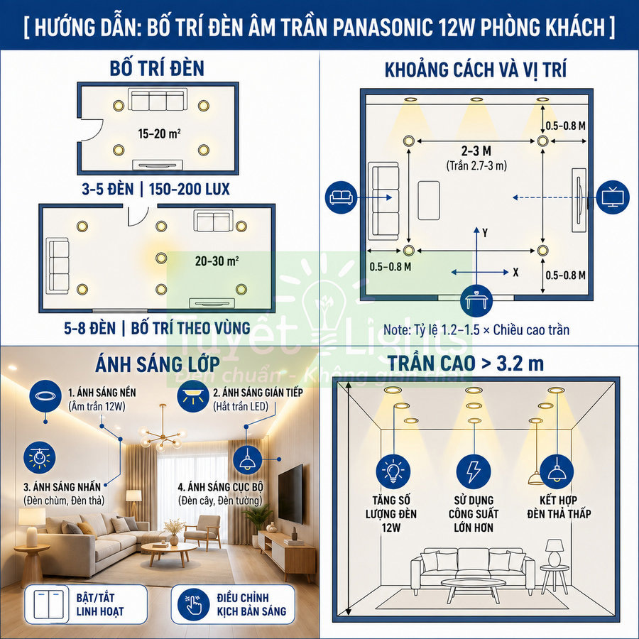 Hướng dẫn bố trí đèn âm trần Panasonic 12W cho phòng khách với sơ đồ khoảng cách và số lượng đèn