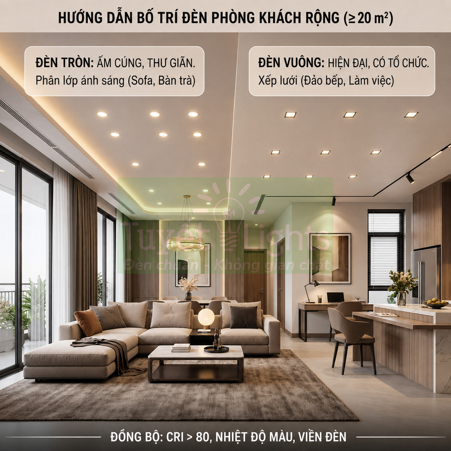 Phòng khách rộng hiện đại với đèn tròn và đèn vuông âm trần bố trí khoa học, sofa chữ L và bếp liền kề